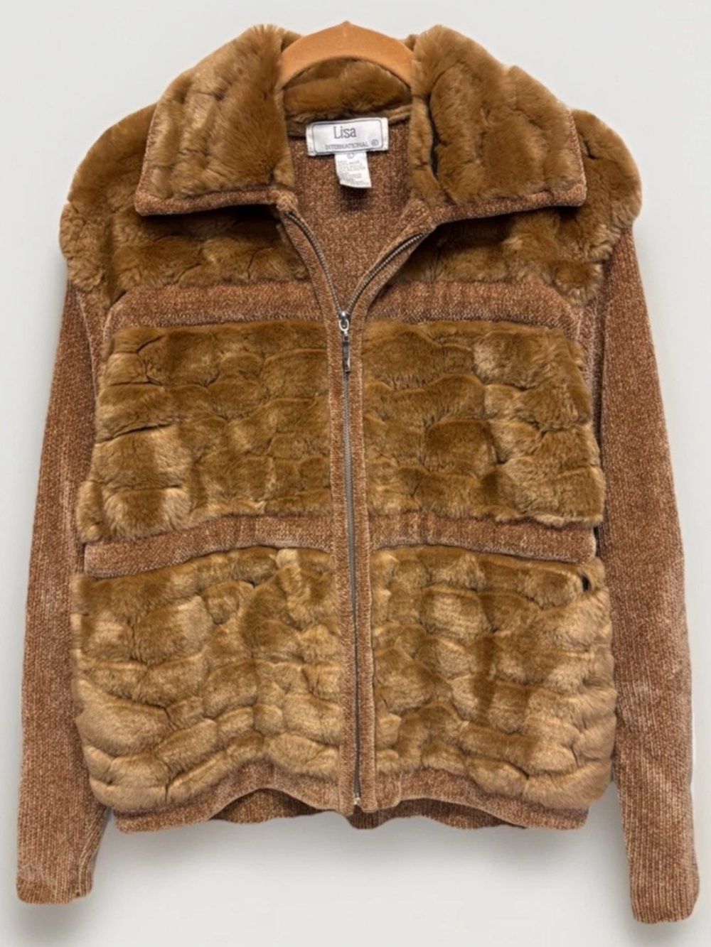 Lisa International Faux Fur Paneled Sweater Jacket Size L #5811